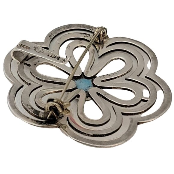 Sterling Silver Mexico Round Flower Cutout Turquoise Flower Brooch Pendant - Picture 4 of 8
